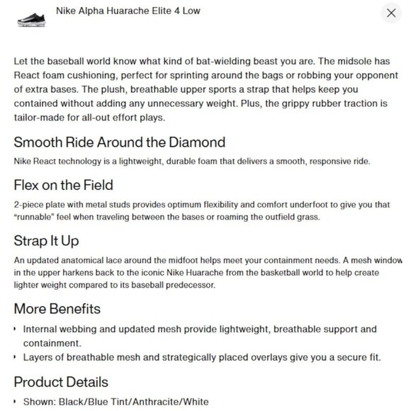 Nike Alpha Huarache Elite 4 Low Men's Metal Baseball Cleats Size 13 NWT DJ6521-0 - Picture 7 of 12